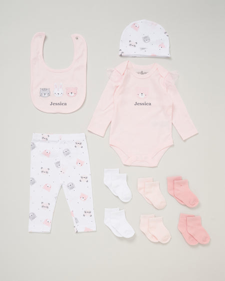 baby girl personalised animal gift set | personalised 10 piece baby gift set | animal themed newborn gift set | personalised baby girl clothing gift set