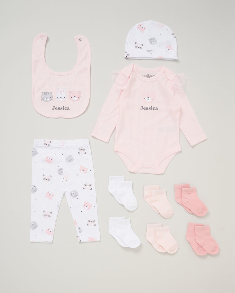 baby girl personalised animal gift set | personalised 10 piece baby gift set | animal themed newborn gift set | personalised baby girl clothing gift set
