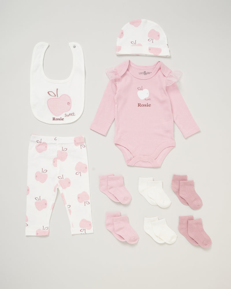 baby girl personalised sweet apple gift set | personalised 10 piece baby gift set | sweet apple newborn gift set | personalised baby girl clothing gift set