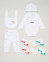 baby personalised rainbow gift set | personalised rainbow 10 piece baby gift set | rainbow themed newborn gift set | personalised baby clothing gift set