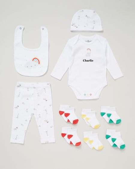 baby personalised rainbow gift set | personalised rainbow 10 piece baby gift set | rainbow themed newborn gift set | personalised baby clothing gift set