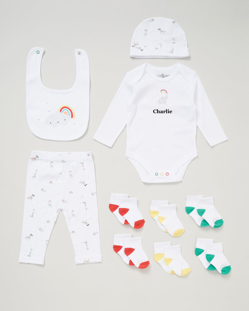 baby personalised rainbow gift set | personalised rainbow 10 piece baby gift set | rainbow themed newborn gift set | personalised baby clothing gift set