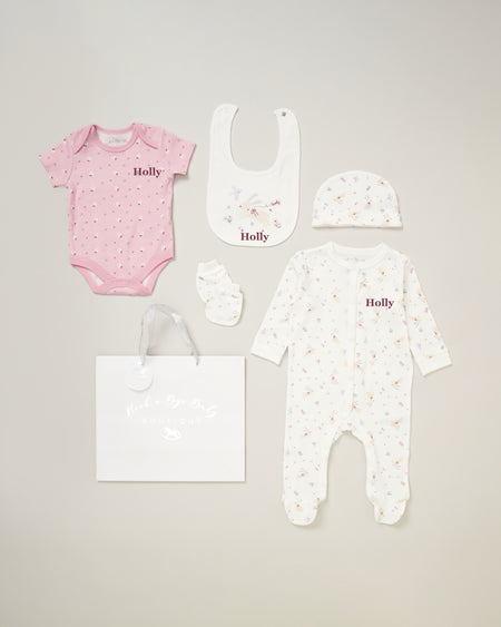 baby girl personalised lovely bunny gift set | personalised lovely bunny 6 piece baby gift set | lovely bunny newborn gift set | personalised baby girl cotton gift set