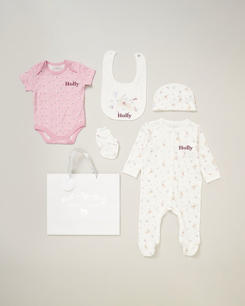 baby girl personalised lovely bunny gift set | personalised lovely bunny 6 piece baby gift set | lovely bunny newborn gift set | personalised baby girl cotton gift set