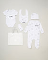 baby boy personalised 6 piece gift set | personalised newborn animal gift set | baby gift set with bib sleepsuit and hat | personalised baby boy cotton gift set