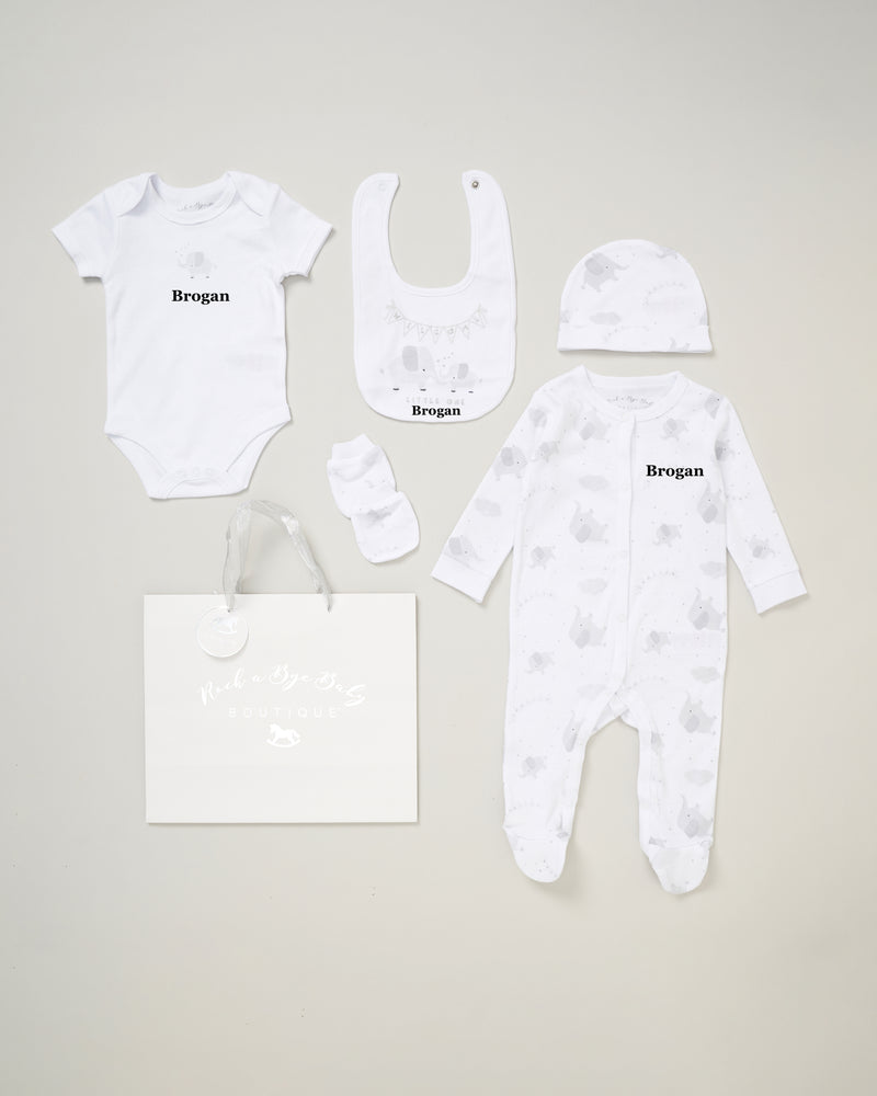 baby boy personalised 6 piece gift set | personalised newborn animal gift set | baby gift set with bib sleepsuit and hat | personalised baby boy cotton gift set