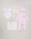 baby girl personalised bunny gift set | personalised bunny 6 piece baby gift set | bunny newborn mesh bag gift set | personalised baby girl cotton gift set