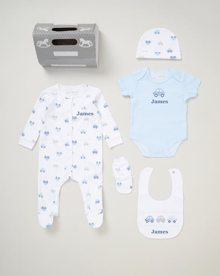 baby boy personalised cars gift set | personalised cars 6 piece baby gift set | newborn cars themed gift box | personalised baby boy cotton gift set