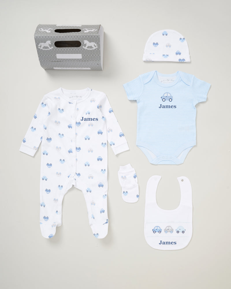 baby boy personalised cars gift set | personalised cars 6 piece baby gift set | newborn cars themed gift box | personalised baby boy cotton gift set