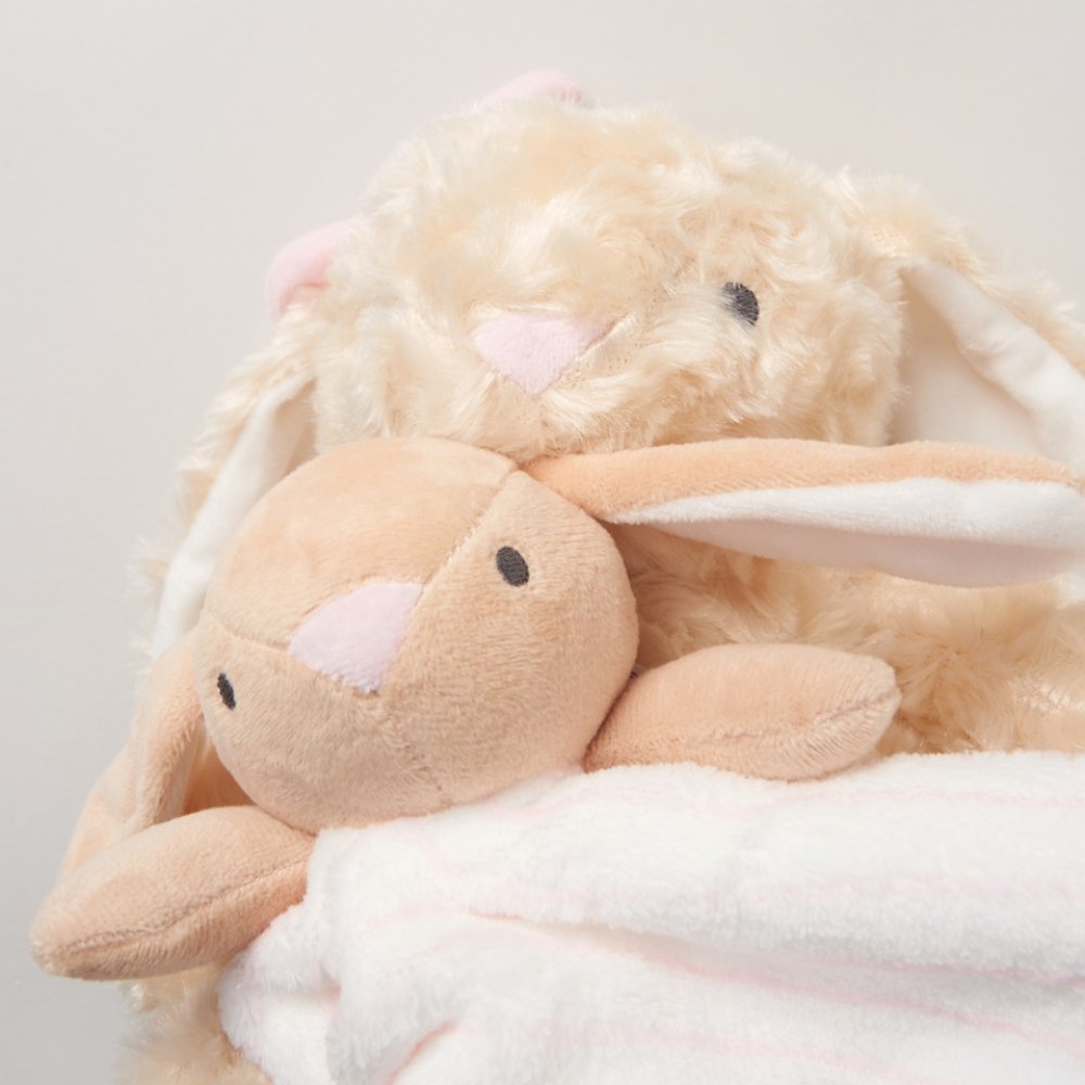 A beige plush bunny comforter with a smaller beige plush toy rabbit attached. Cute and cuddly what a perfect personalised  soft comforter suitable for any new new baby ! 