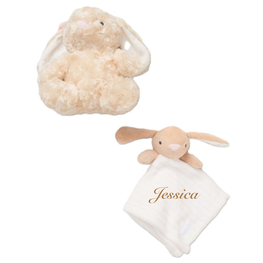 A beige plush bunny comforter with a smaller beige plush toy rabbit attached. Cute and cuddly what a perfect personalised gift set suitable for any new new baby ! 