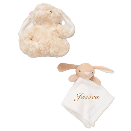 A beige plush bunny comforter with a smaller beige plush toy rabbit attached. Cute and cuddly what a perfect personalised gift set suitable for any new new baby ! 