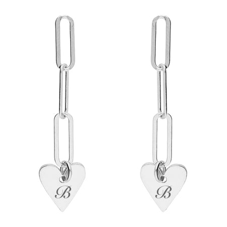 personalised chain drop heart earrings | engraved heart drop earrings | sterling silver personalised heart earrings