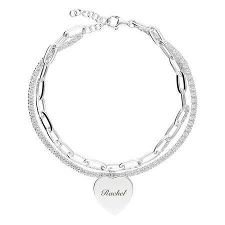 personalised tennis heart bracelet | cubic zirconia heart bracelet | engraved flat heart bracelet | sterling silver personalised tennis bracelet