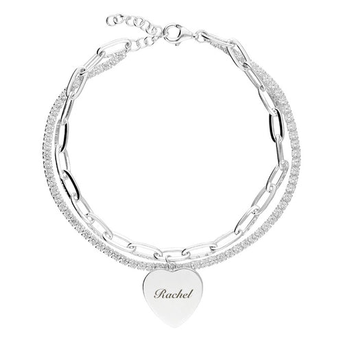 personalised tennis heart bracelet | cubic zirconia heart bracelet | engraved flat heart bracelet | sterling silver personalised tennis bracelet