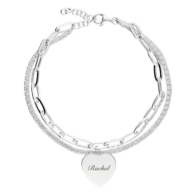 personalised tennis heart bracelet | cubic zirconia heart bracelet | engraved flat heart bracelet | sterling silver personalised tennis bracelet