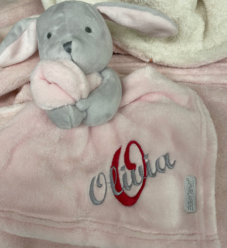 baby personalised big initial bunny comforter | personalised bunny comforter with initial | embroidered bunny comfort blanket | custom initial baby bunny comforter