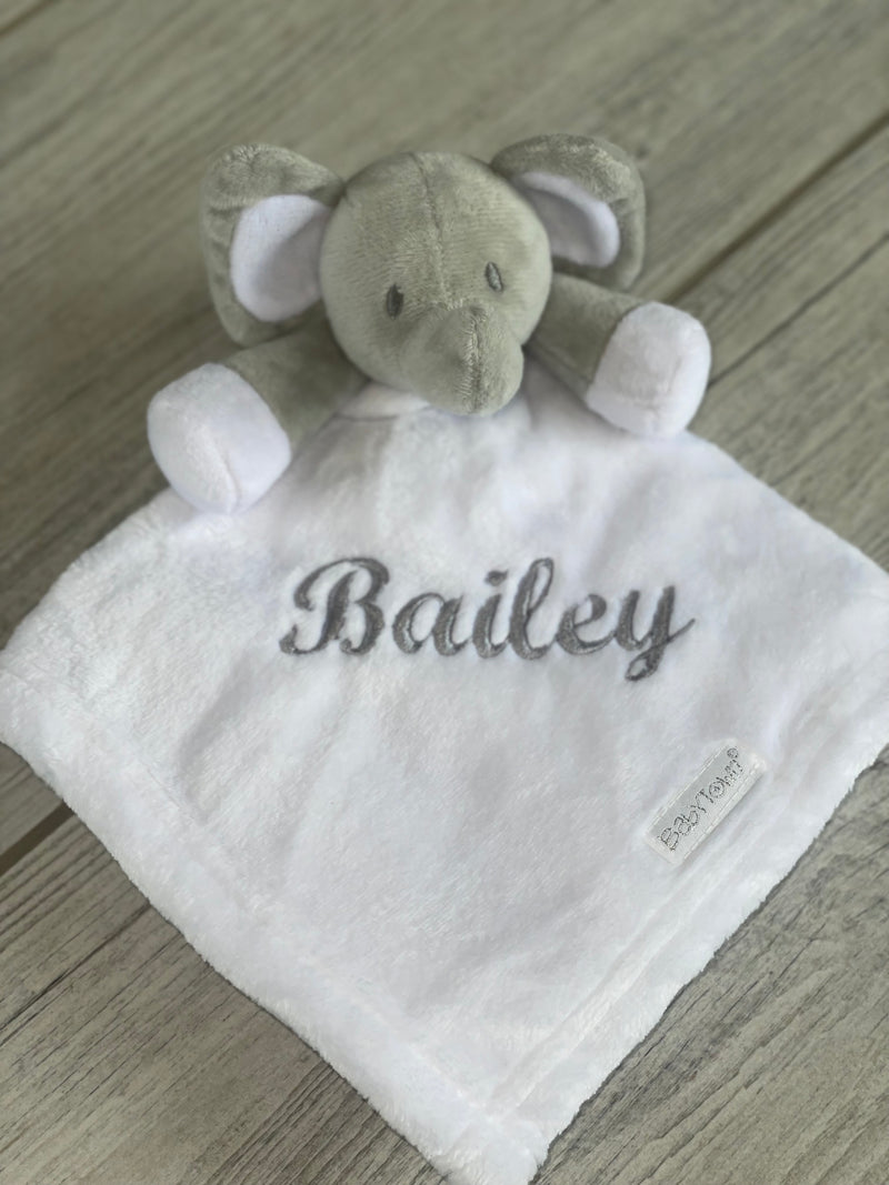 baby personalised elephant comforter | personalised elephant comfort blanket | embroidered elephant comforter for baby | elephant baby comfort toy