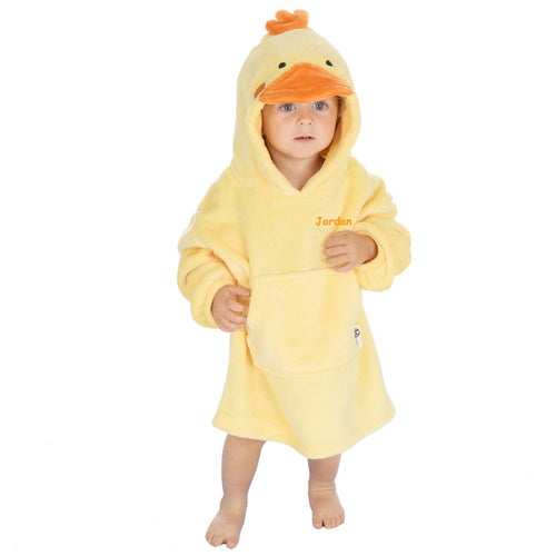 Child wearing Duck design hoody personalised to the chest. Hood and front kangaroo pocket.
