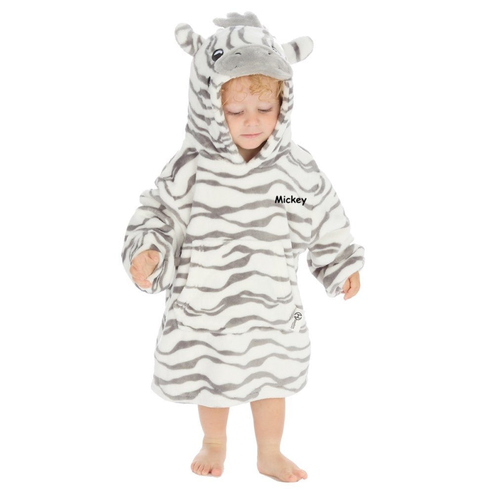 Kid wearing zebra design hoody personalised to the chest. Hood and kangaroo pocket to the front.
