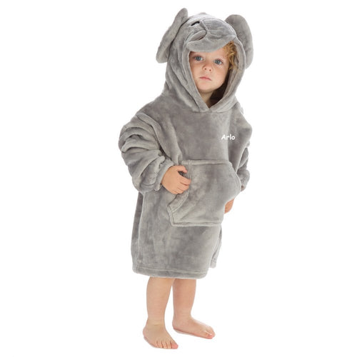 Child wearing Elephant design hoody personalised to the chest. Hood and front kangaroo pocket.