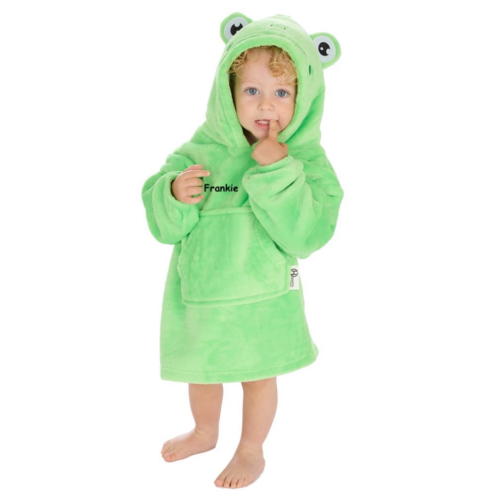 Baby wearing frog design hoody personalised to the chest.Hood and kangaroo pocket to the front.