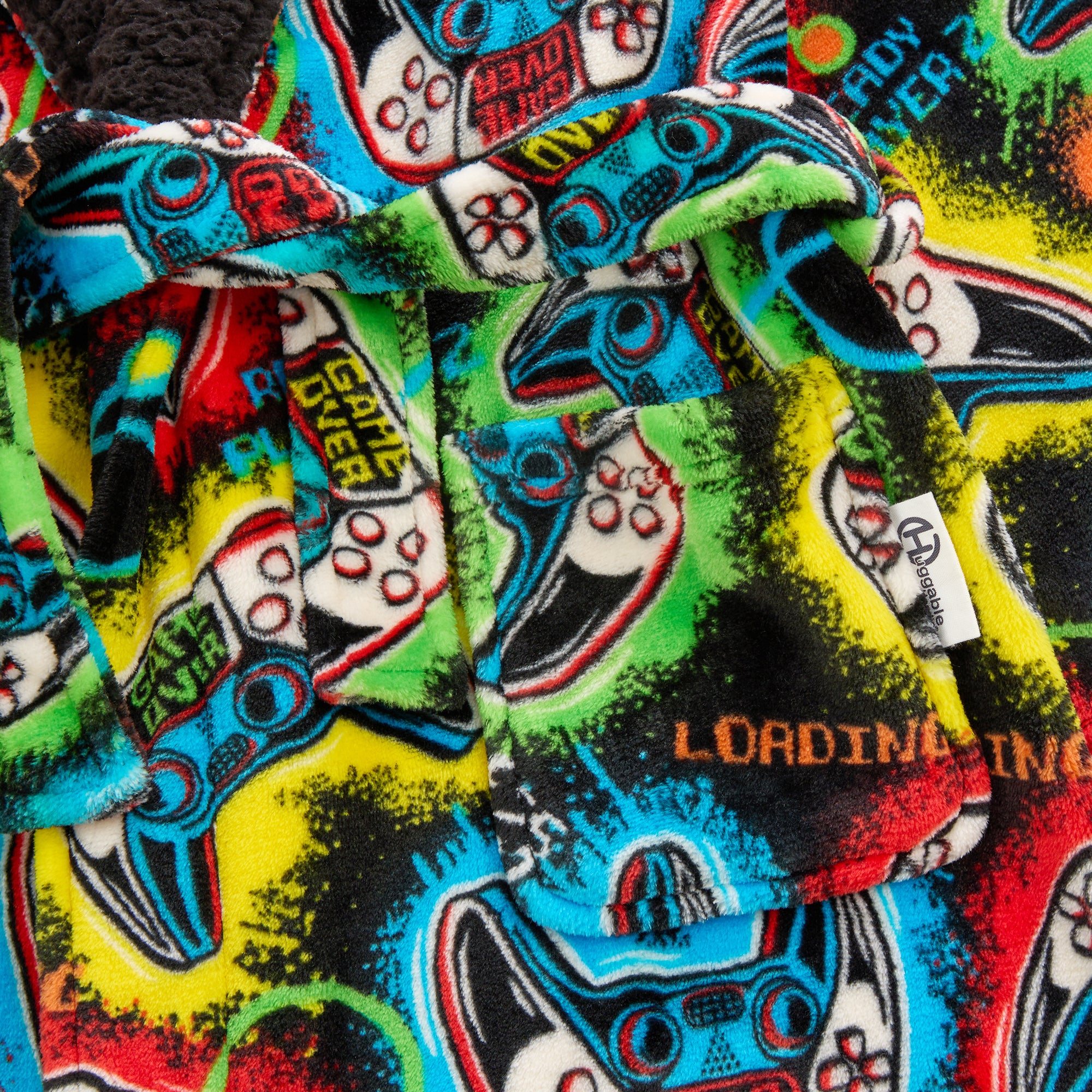 Kids gaming dressing gown personalised to the front with hood and pocket.  Colourful controller design with black background. 