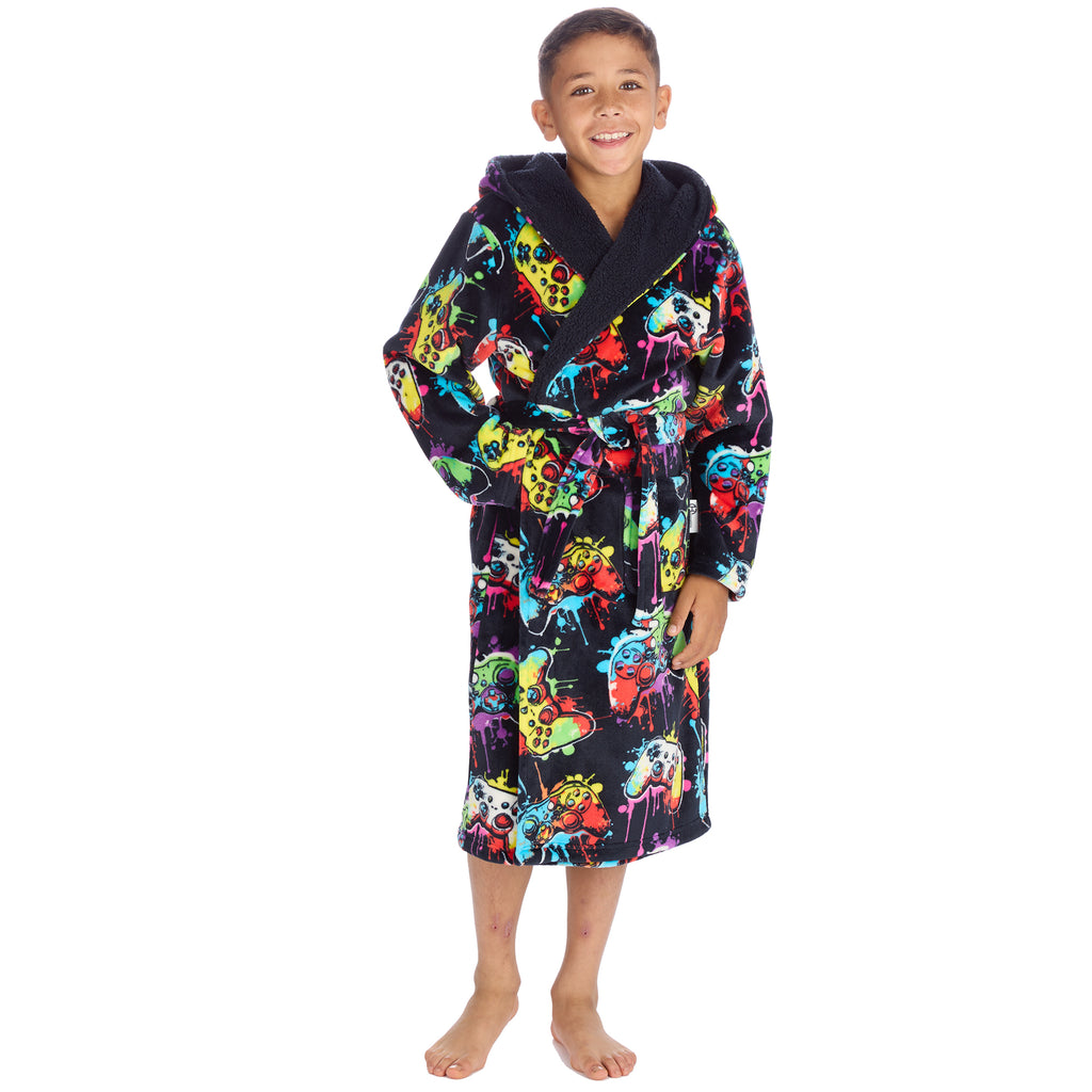 Kids gaming dressing gown personalised to the front with hood and pocket.  Colourful with black background. 