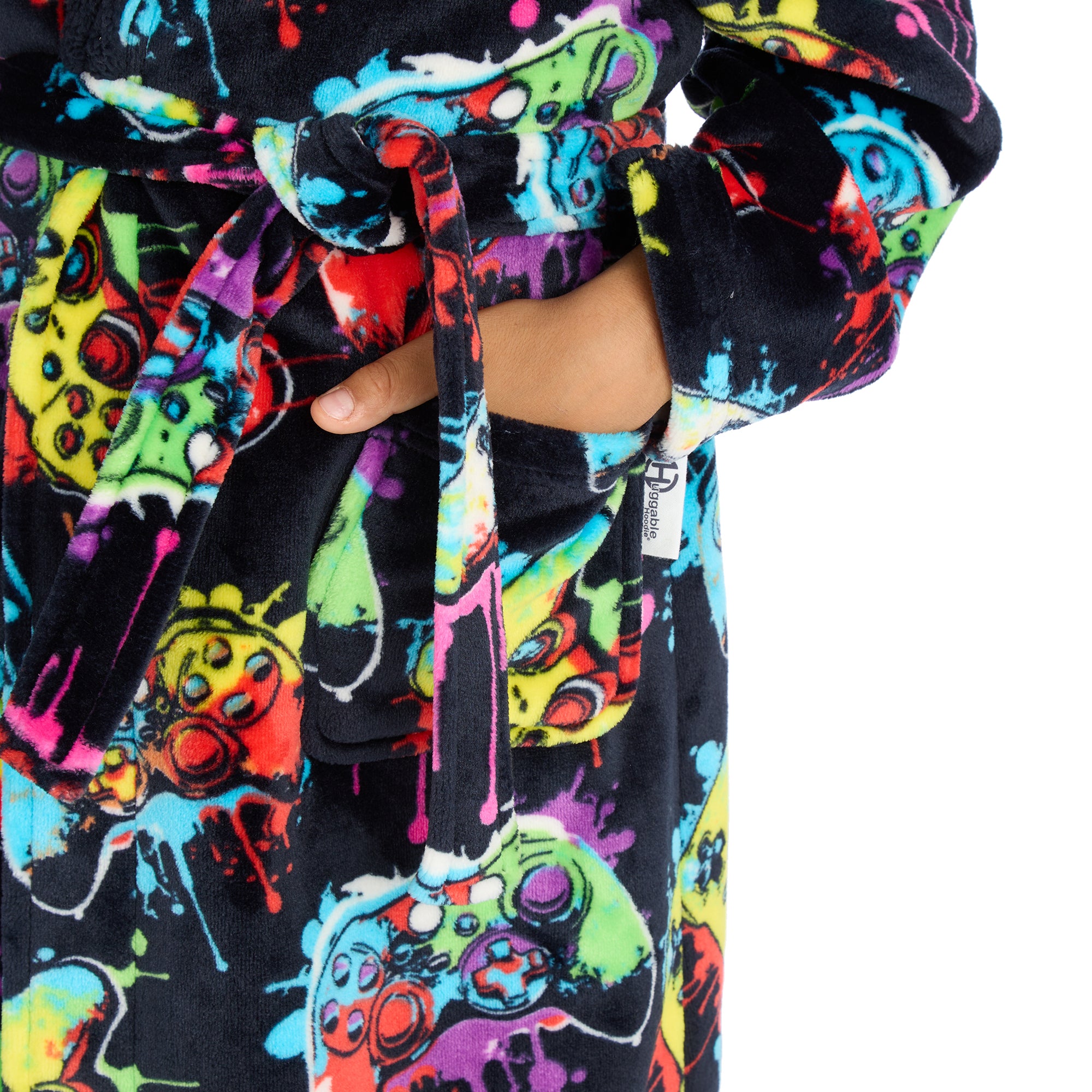 Kids gaming dressing gown personalised to the front with hood and pocket.  Colourful with black background. 