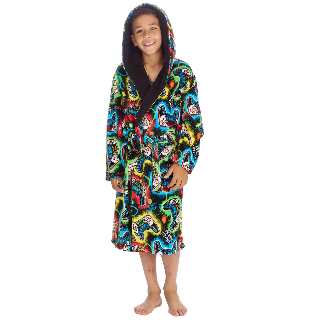 Kids gaming dressing gown personalised to the front with hood and pocket.  Colourful controller design with black background. 
