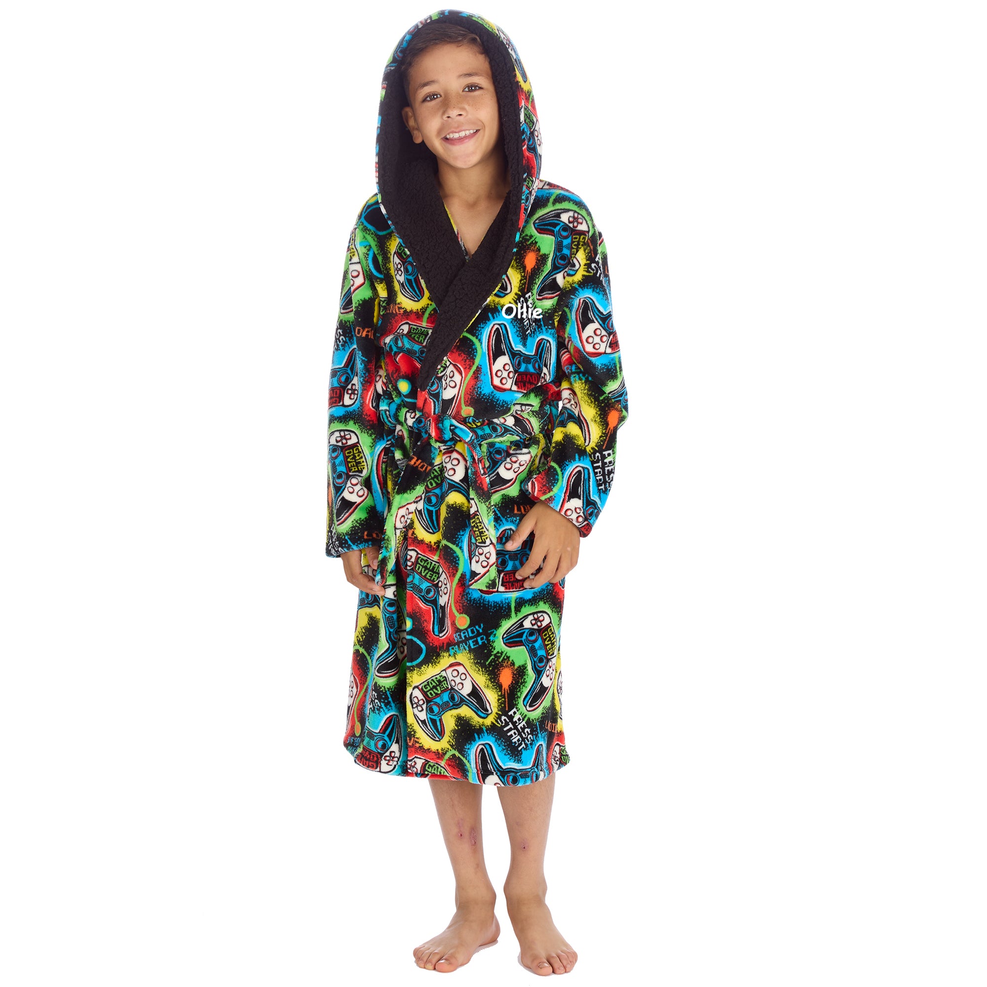 Kids gaming dressing gown personalised to the front with hood and pocket.  Colourful controller design with black background. 