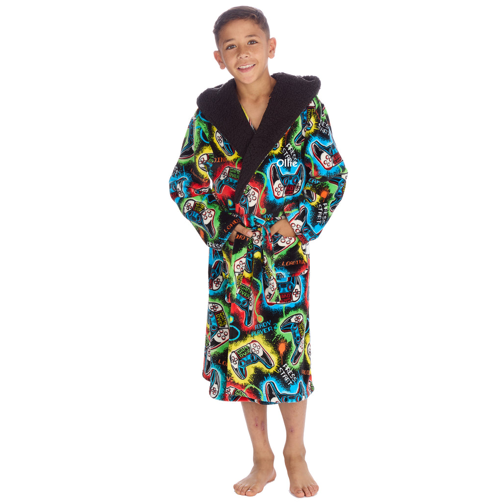 Kids gaming dressing gown personalised to the front with hood and pocket.  Colourful controller design with black background. 