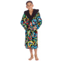 Kids gaming dressing gown personalised to the front with hood and pocket.  Colourful controller design with black background. 