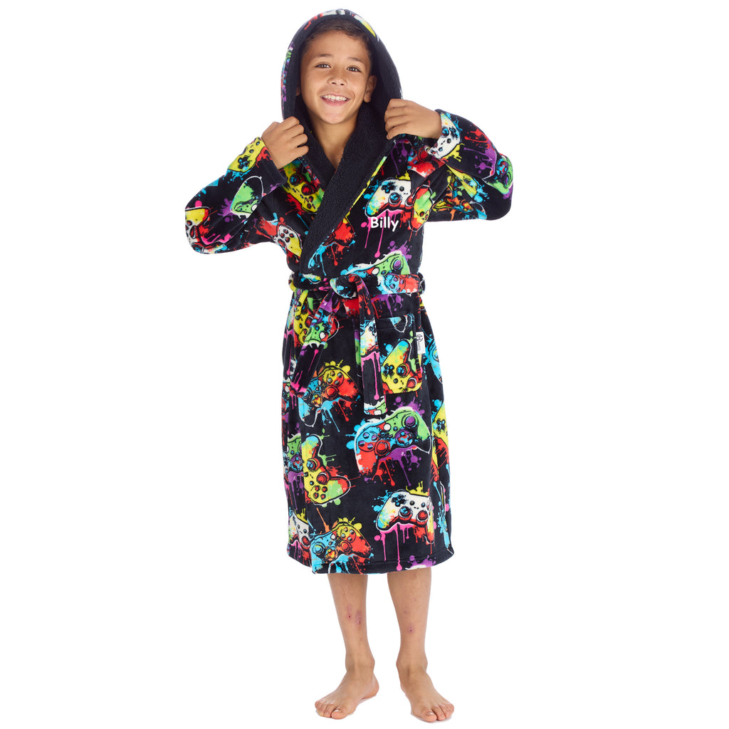 Kids gaming dressing gown personalised to the front with hood and pocket.  Colourful controller design with black background. 