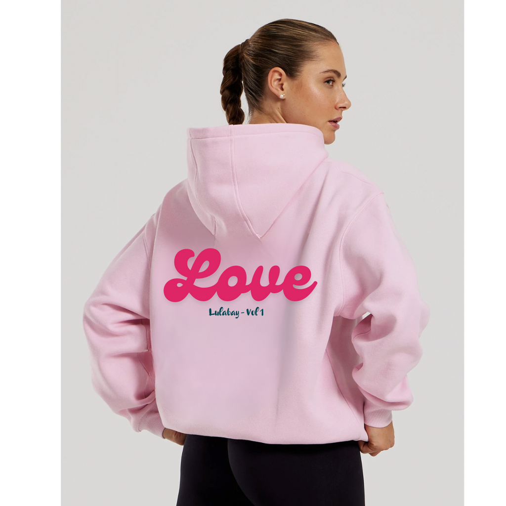 Ladies light pink oversized hoodie with bright pink printed bold curved 'Love' writing on the back with a subtle black printed Lulabay -vol 1 neatly underneath. A nice comfortable hoody ideal to wear daily or even at the gym ! 