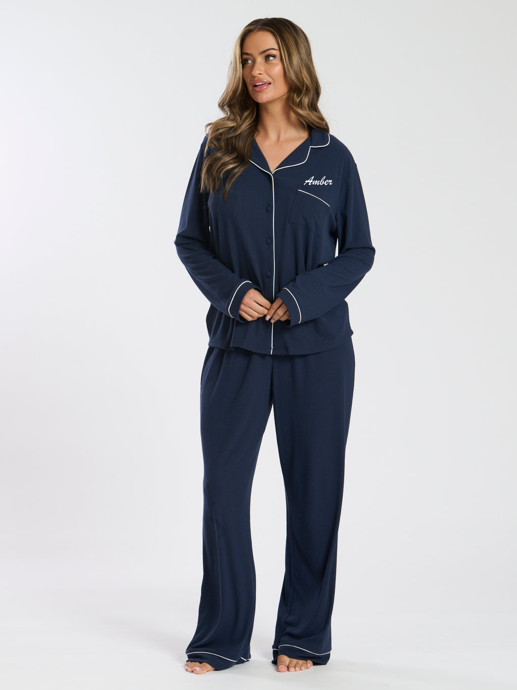 Ladies personalised ribbed luxury long personalised pyjama set Oat