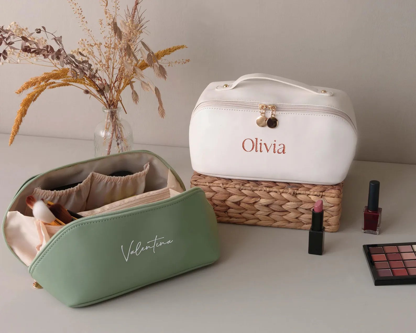 Ladies personalised make up bag PU material with an open flat design and a name of your choice personalised on the front with embroidery. Cream colour with gold zips and gold embroidery for the personalised name. Sage green colour with gold zips and white embroidery for the personalised name.