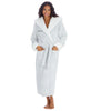 Women personalised dressing gown in a frosted light grey colour with white borg trim in the hood and front panel. Pockets on either side, adjustable tie around the waist and hood to the back. The personalisation will be to the chest and of your choosing - this will be embroidered. 