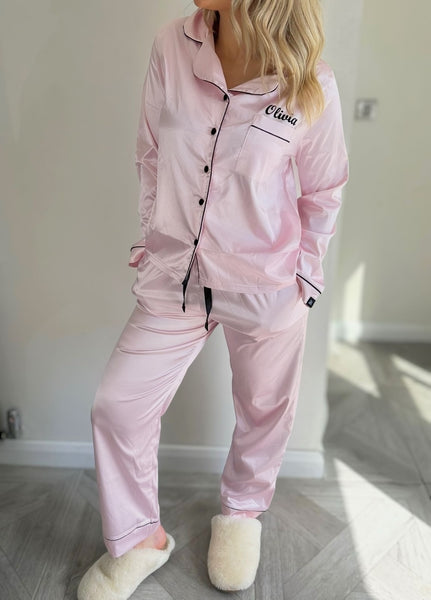 Ladies satin piped long personalised pyjamas – Lulabay