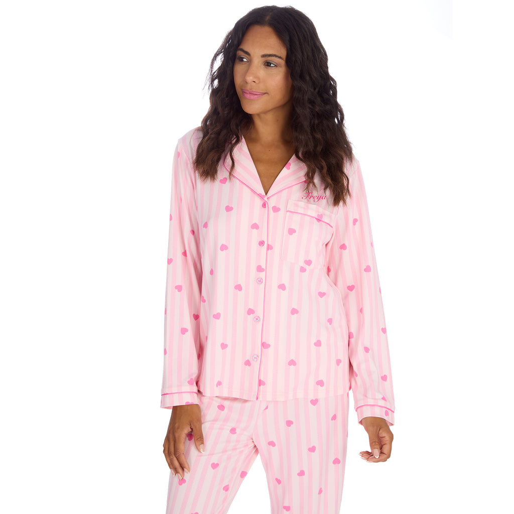 Ladies love heart design pyjamas personalised to the front with a pocket.  Pink with buttons to the front.