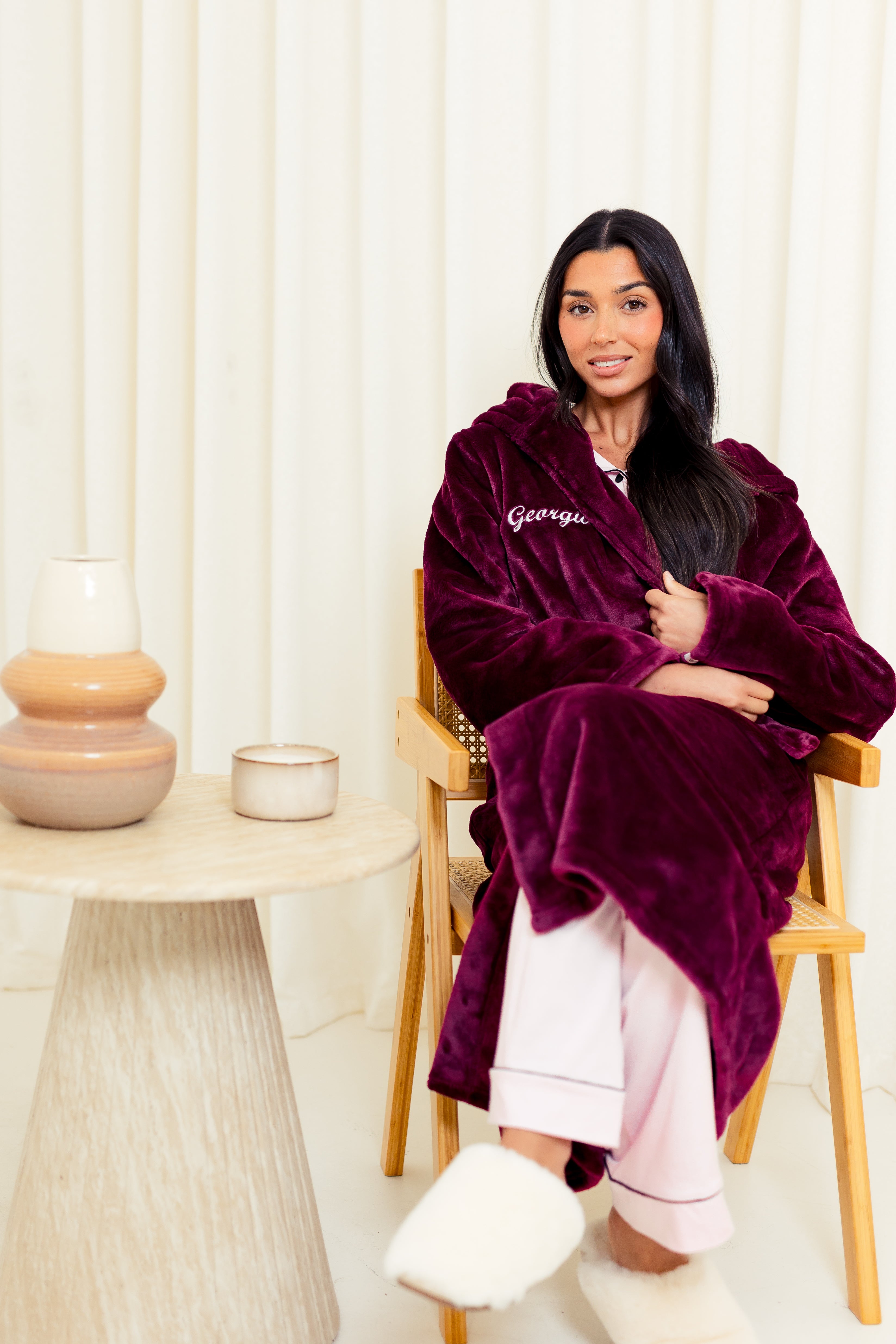 Ladies plush maxi personalised dressing gown in a luxurious Burgundy colour. Made from super soft thick fabric, maxi length, large hood to the back and adjustable tie around the waist. Complete with a special touch of personalisation to the chest - this is embroidered especially for you. Making the perfect personalised gift for her. 