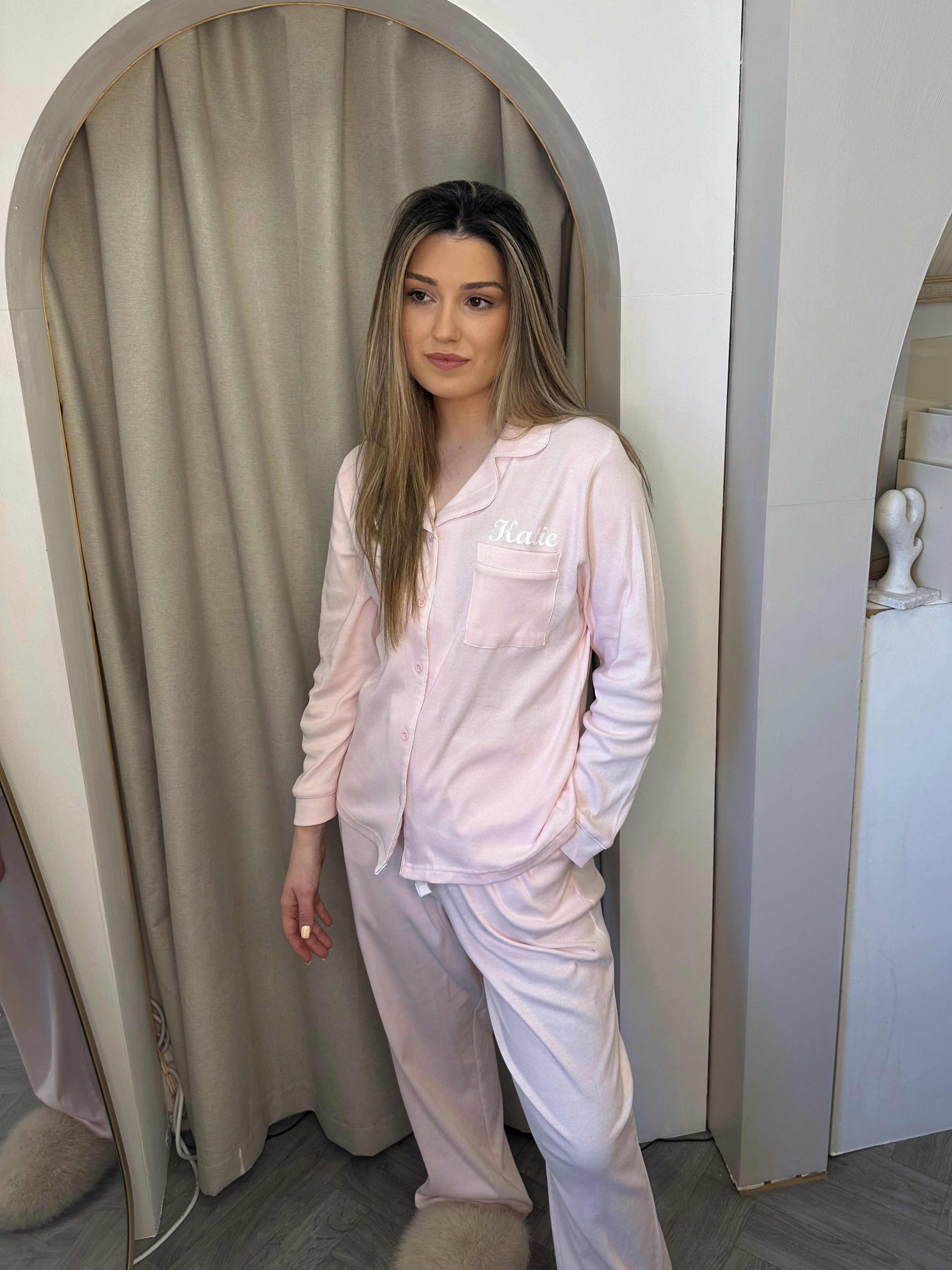 Ladies personalised luxury long personalised pyjama set Oat