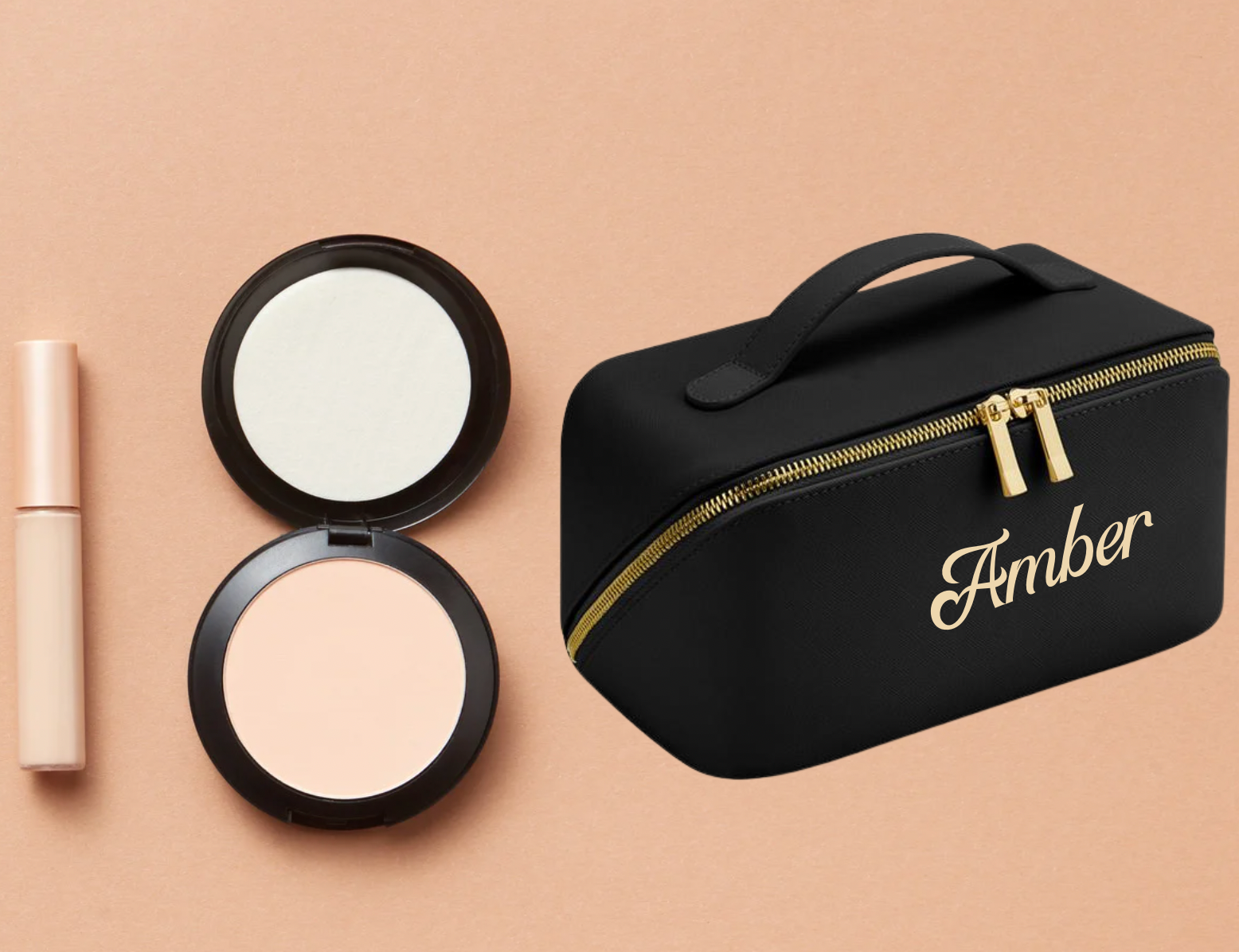Ladies personalised make up bag PU material with an open flat design and a name of your choice personalised on the front with embroidery. Black colour with gold zips and gold embroidery for the personalised name. 