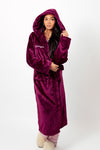 Ladies plush maxi personalised dressing gown in a luxurious Burgundy colour. Made from super soft thick fabric, maxi length, large hood to the back and adjustable tie around the waist. Complete with a special touch of personalisation to the chest - this is embroidered especially for you. Making the perfect personalised gift for her.  