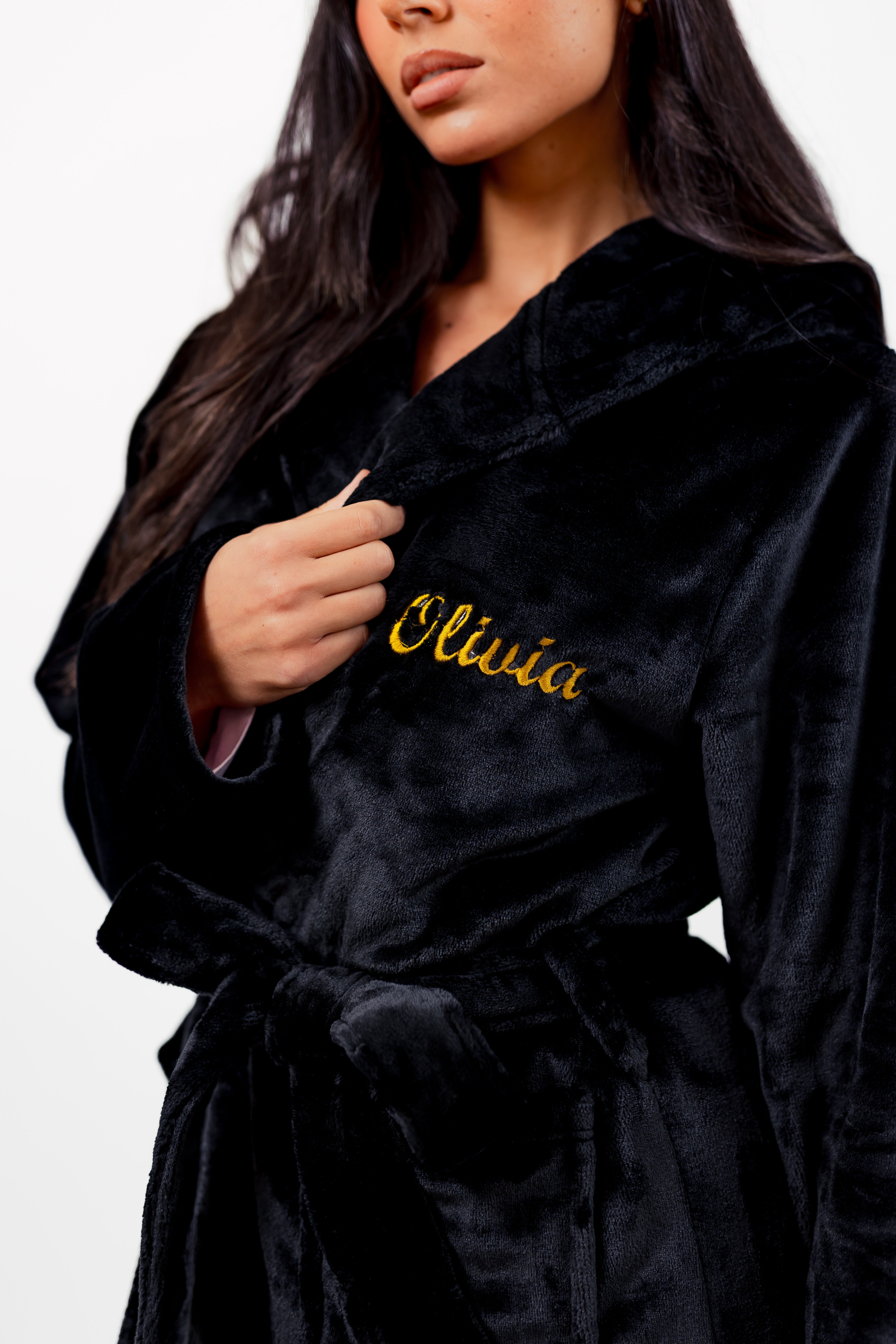 Ladies plush maxi personalised dressing gown in a luxurious Black colour. Made from super soft thick fabric, maxi length, large hood to the back and adjustable tie around the waist. Complete with a special touch of personalisation to the chest - this is embroidered especially for you. Making the perfect personalised gift for her.   