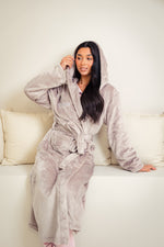 Load image into Gallery viewer, Ladies plush maxi personalised dressing gown in a luxurious Mink colour. Made from super soft thick fabric, maxi length, large hood to the back and adjustable tie around the waist. Complete with a special touch of personalisation to the chest - this is embroidered especially for you. Making the perfect personalised gift for her. 
