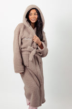 Load image into Gallery viewer, Ladies premium maxi personalised dressing gown in a luxurious Mink colour. Made from super soft thick fabric, maxi length, large hood to the back and adjustable tie around the waist. Complete with a special touch of personalisation to the chest - this is embroidered especially for you. Making the perfect personalised gift for her. 
