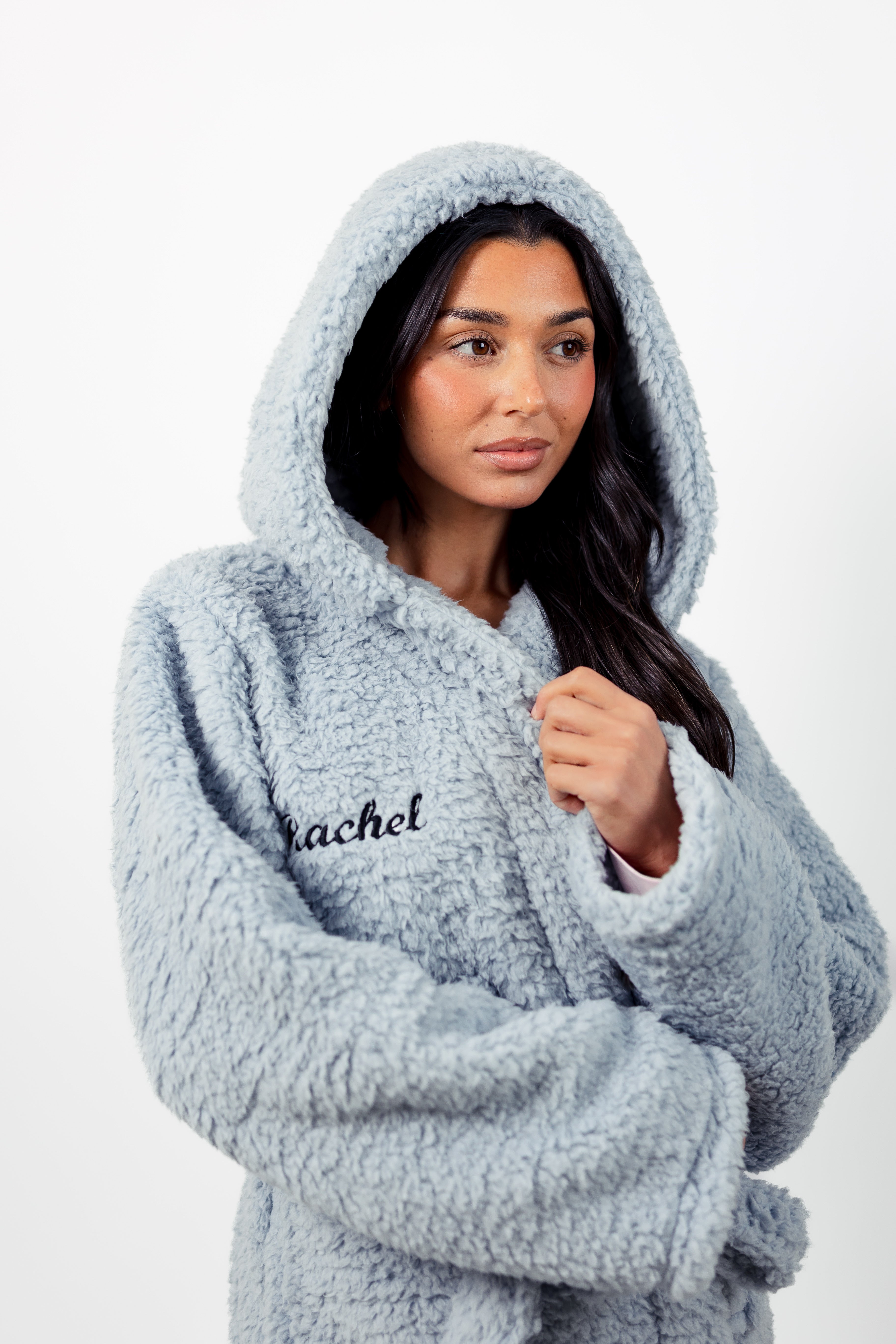 Ladies premium maxi personalised dressing gown in a luxurious Ice Blue colour. Made from super soft thick fabric, maxi length, large hood to the back and adjustable tie around the waist. Complete with a special touch of personalisation to the chest - this is embroidered especially for you. Making the perfect personalised gift for her. 