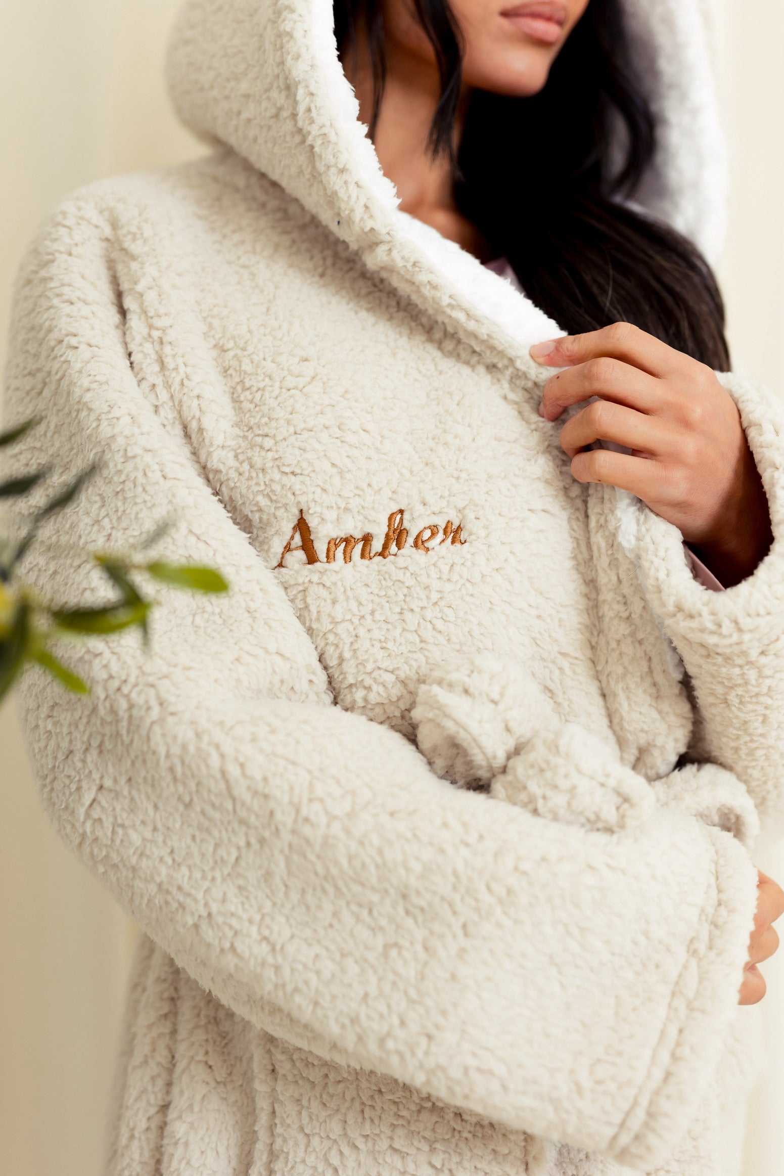 Ladies premium maxi personalised dressing gown in a luxurious Taupe colour, with a White contrast inner lining to the hood and front of the robe. Made from super soft thick fabric, maxi length, large hood to the back and adjustable tie around the waist. Complete with a special touch of personalisation to the chest - this is embroidered especially for you. Making the perfect personalised gift for her. 