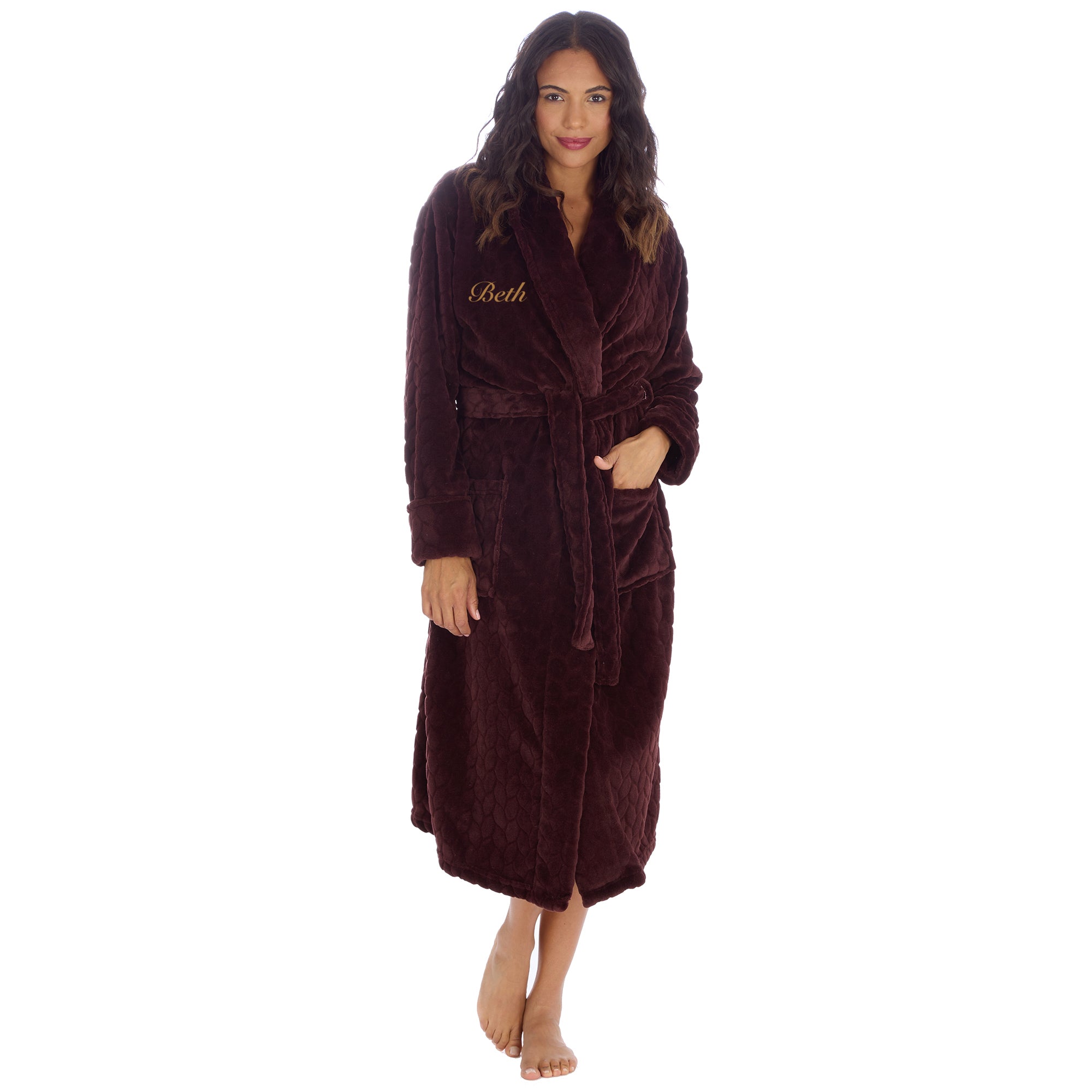 Ladies personalised shawl collar ribbed feature dressing gown. Shaw collar, pockets on either side, tie around the waist and featured ribbed design on the fabric in a deep chocolate colour. This will be personalised with embroidery. 
